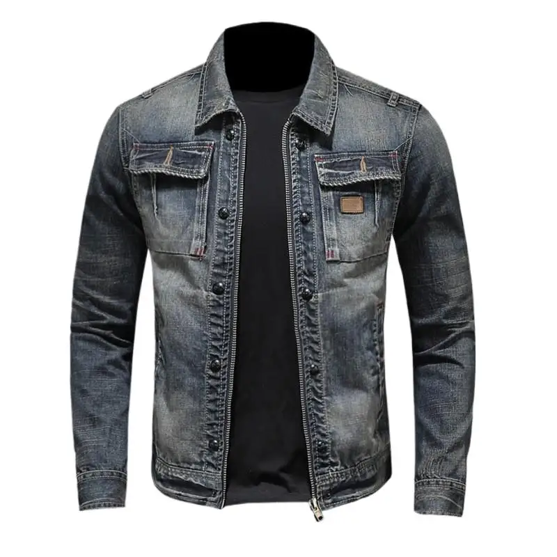 

Men's Motocycle Denim Jacket, Korean Fit Workwear Jeans Coat For Man, Vintage Zipper Mens Utility Jackets