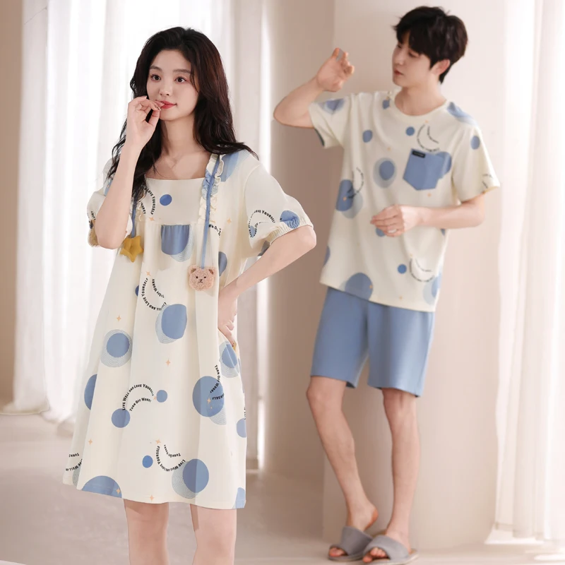 Couple Pajama Set Summer 100% Cotton Men Short Sleeve Pyjamas Sexy Women Nightgown Casual Style