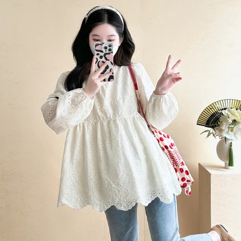 2024 autunno nuove donne incinte colletto quadrato ricamato camicia di pizzo dolce carino camicette di maternità top Y2k gravidanza giovanile