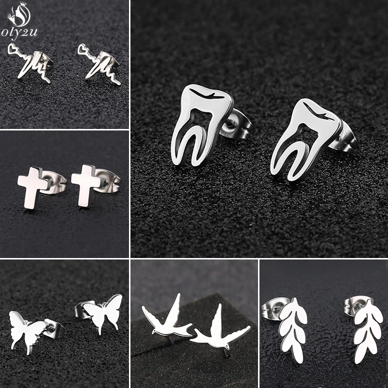 Minimalist Fashion Stainless Steel Dentist Tooth Stud Earrings Women Men Cute Cross Earings Leaf Swallow Earing Party Accessorie