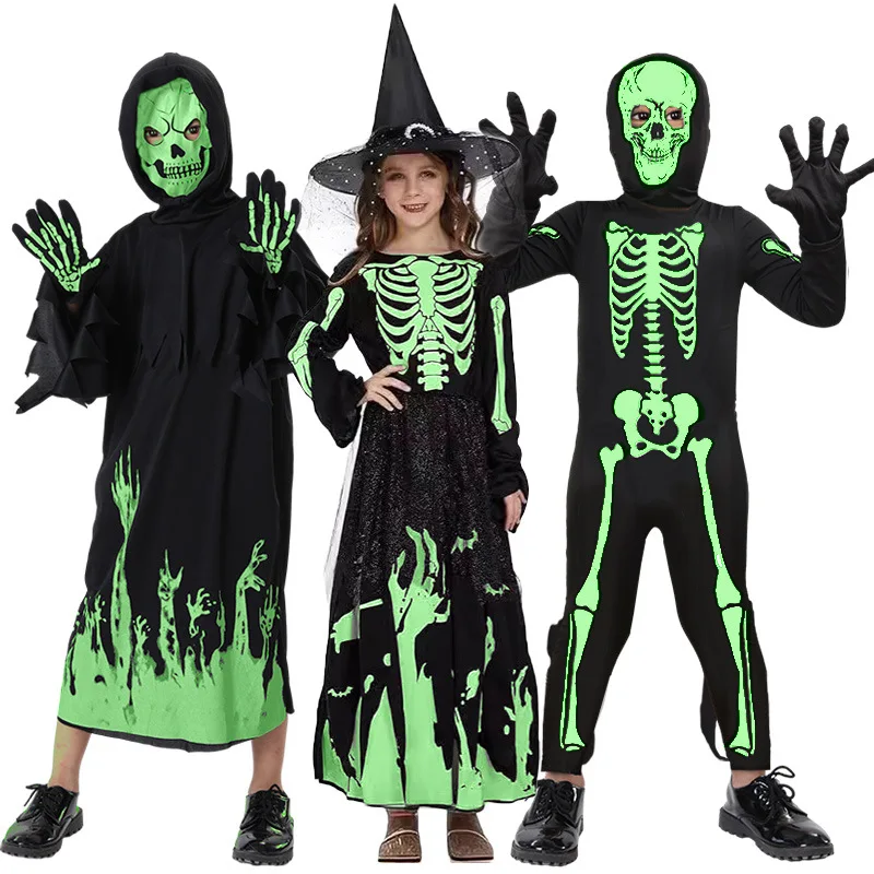 Disfraz de Esqueleto para Niños, Set de Disfraz de Halloween con Luz Nocturna, Calavera de la Muerte, Disfraz Brillante en la Oscuridad para Niños y Niñas