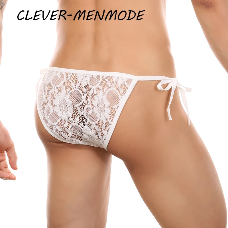 CLEVER-MENMODE Men\'s Sexy Lace Briefs Exotic Crossdress Lingerie See Through Adjustable Underwear Breathable Side Tie Panties