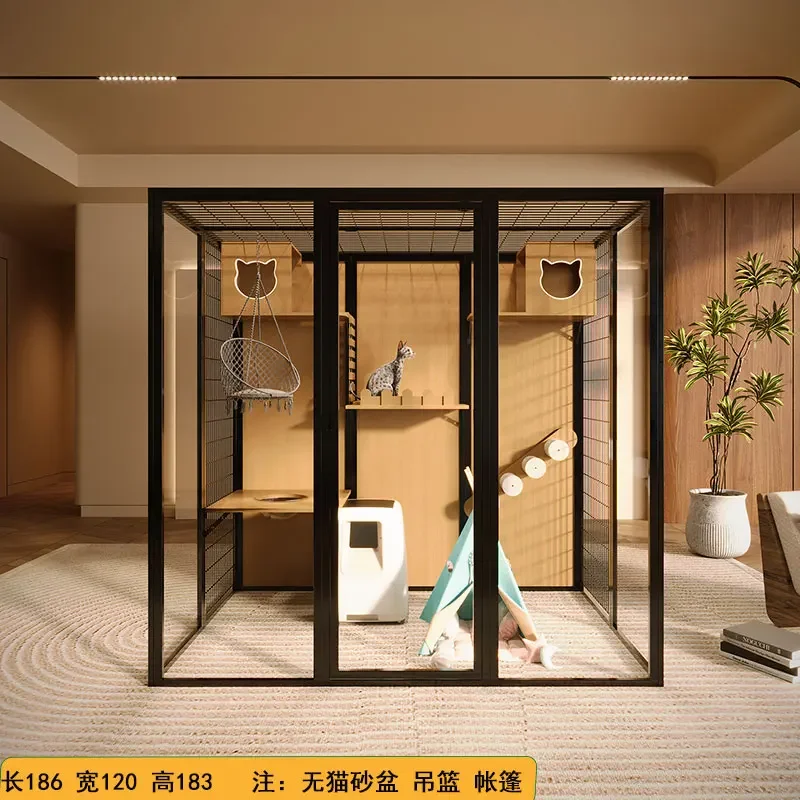 Panoramic cat villa cat cage customization free three-layer oversized household solid wood villa large indoor glass cat room