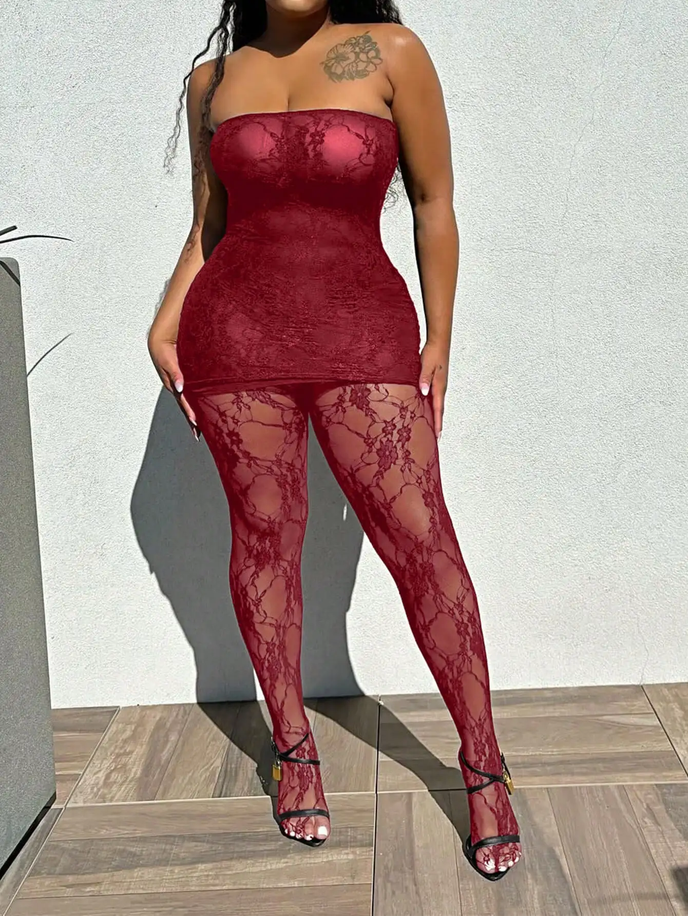 Elegantes, sexy Röhrenoberteil-Spitzenkleid für Damen, Strumpfhose aus reiner Lust-Spitze, schmales zweiteiliges Set,