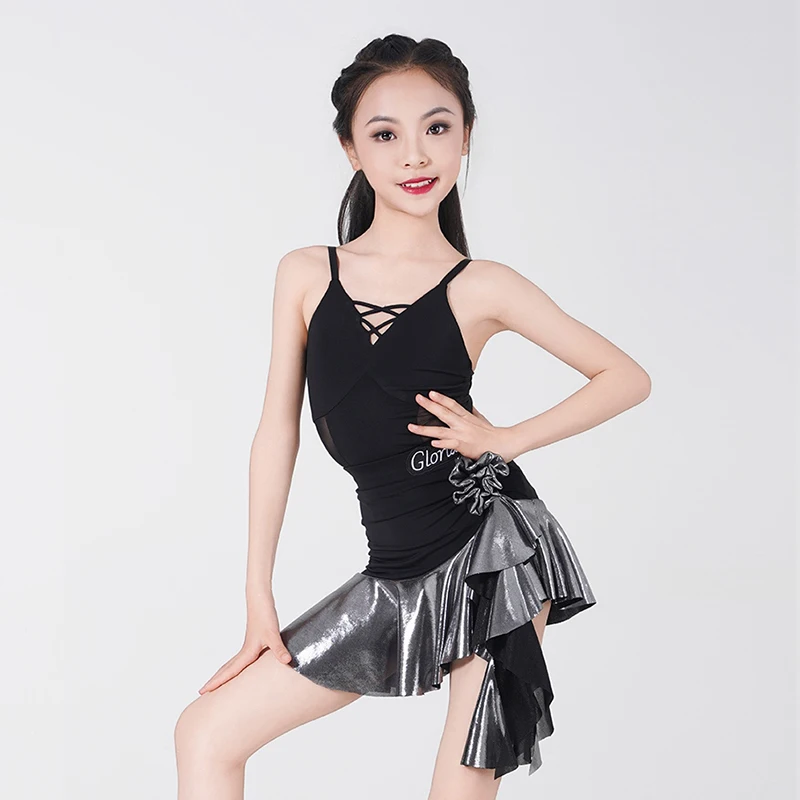 

Summer New Latin Dancers Clothes Children's Sling Tops Hundred pleats Half skirt Set Latin Performance Practice Costume XH129