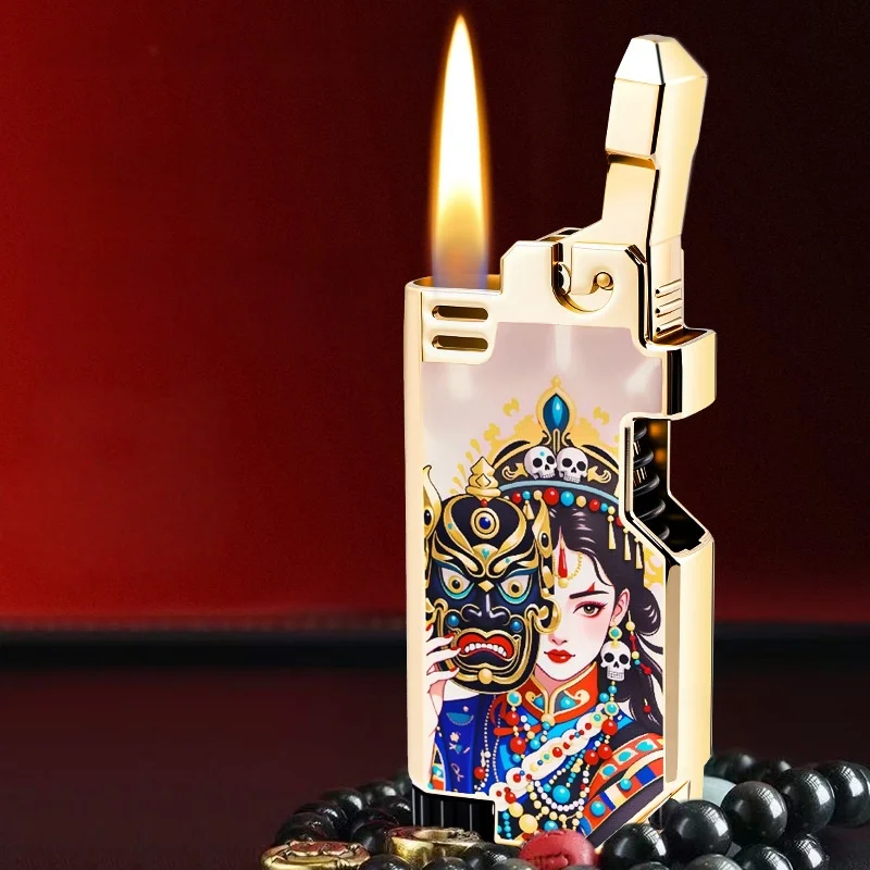 

New TikTok-style Color-printed Prosperous Flower Lighter, Refillable Creative Personalized Sandwheel Old-style Retro Windproof