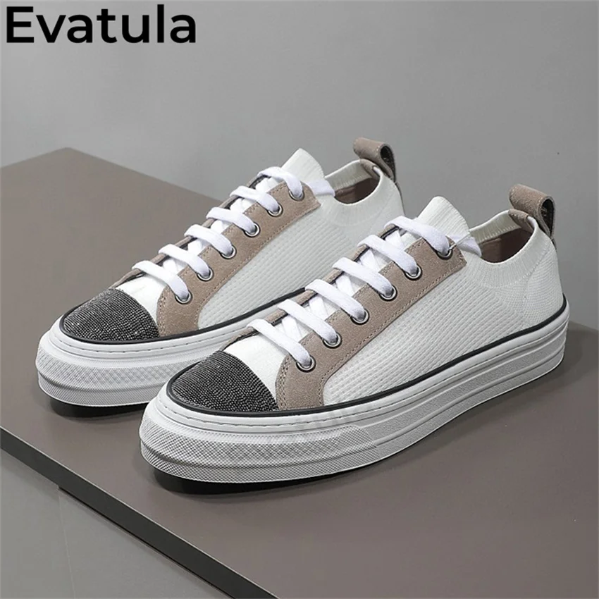 Evatula Thick Bottom Casual Canvas Shoes Women Big Size Flat Sneakers Lace Up Running Shoes Athletic Jogging Tenis Walking Shoes