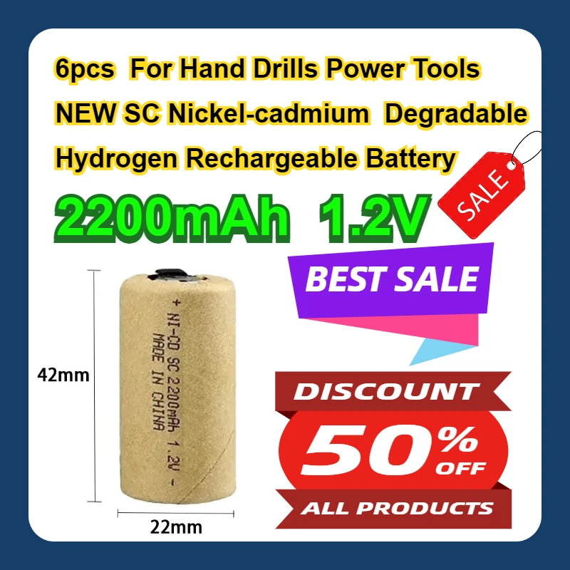 

6pcs For Hand Drills Power Tools NEW SC Nickel-cadmium 2200mAh Degradable Hydrogen 1.2V Rechargeable Battery