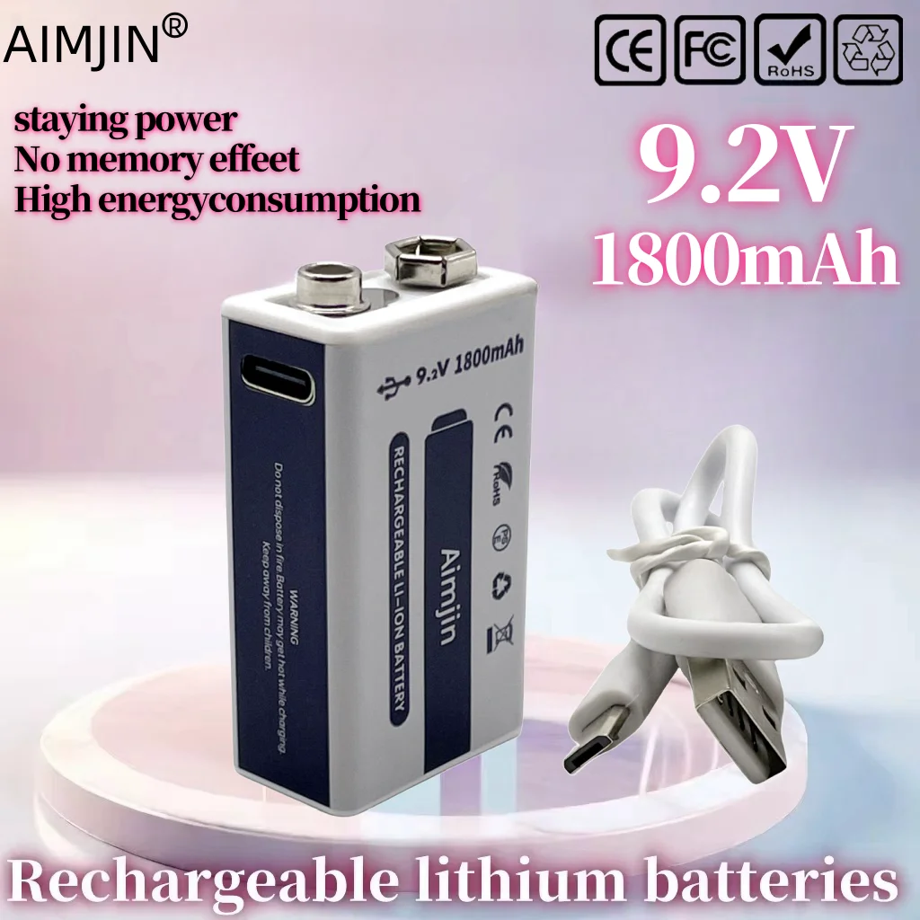 

9V new rechargeable battery1800mAh squareUSB lithium battery, suitable for multimeter, microphone, toy, remote control, KTV, etc