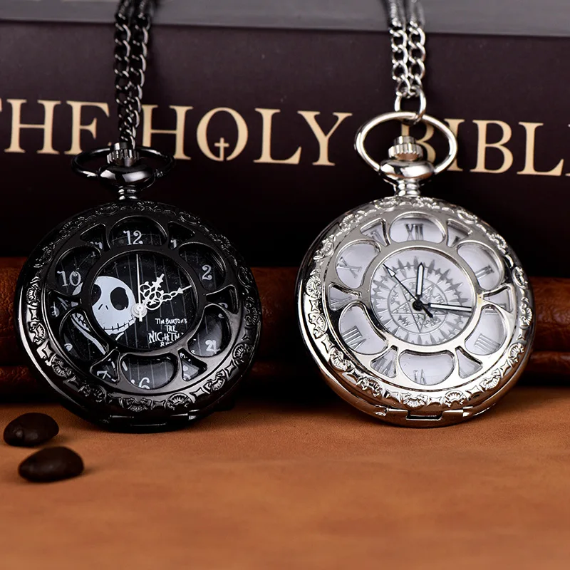 

Hot Disney Hollow Petal Pocket Watch Christmas Fright Night Surrounding Large Alloy Quartz Watch Clamshell Hanging Watch