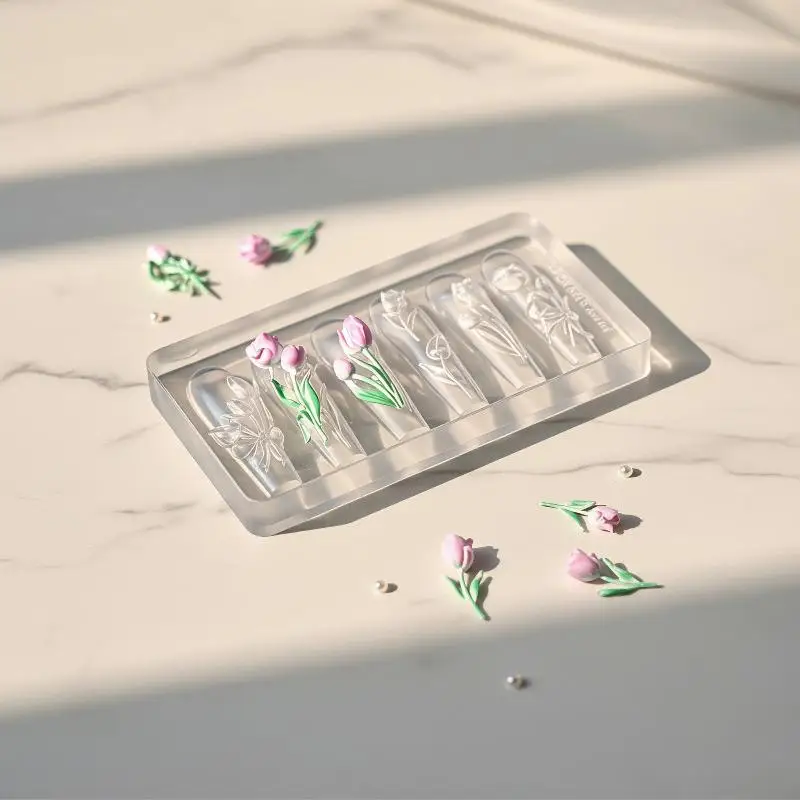 1 Stück hochtransparente 3D-Nagelkunst-Schnitzform mit Box, Schmetterlings-, Tulpen- und Lilienblumen-Vorlage für Nageldekoration – Detail 13