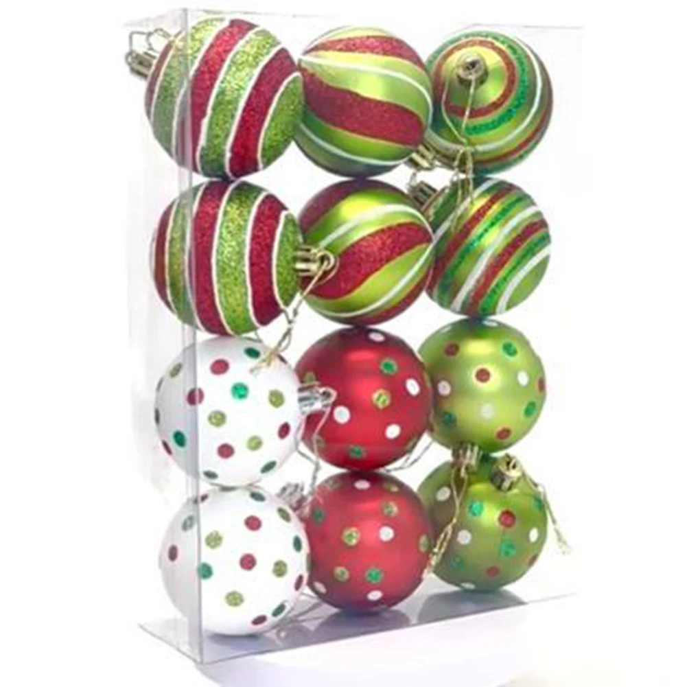 Christmas ball ornaments set of 12 with handpainted festive patterns including snowflakes polka dots and Christmas trees