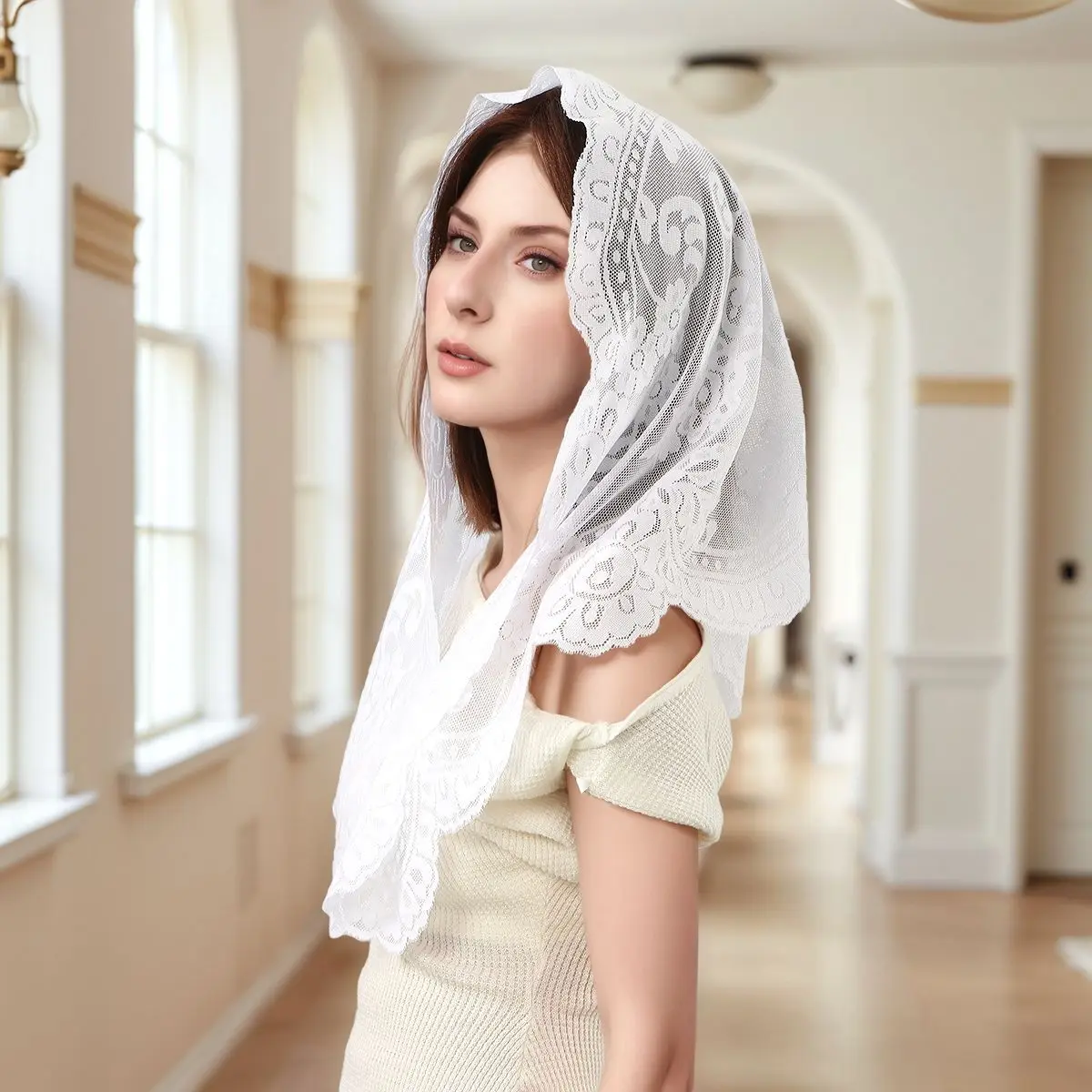 غطاء رأس دانتيل عبادة نسائي مقاس 172*63 سم - دانتيل زهور أنيق، مادة مسامية، مناسب متواضع لكنيسة الصلاة والاستخدام اليومي