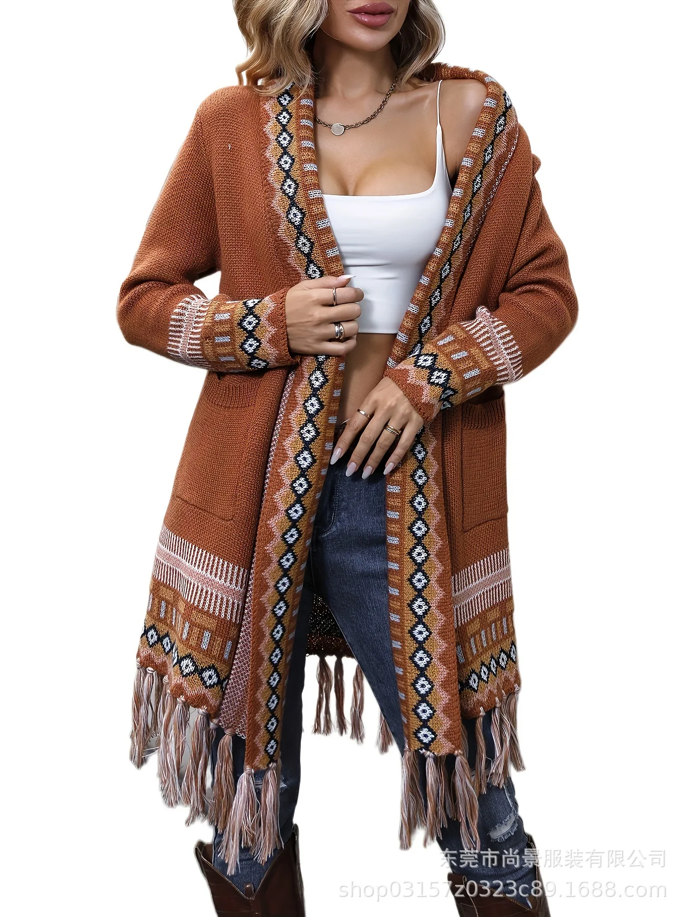 Women Ethnic Geometric Pattern Knit Cardigan Long Open Front Tassel Hem Boho Sweater Coat With Pockets Autumn Outerwear