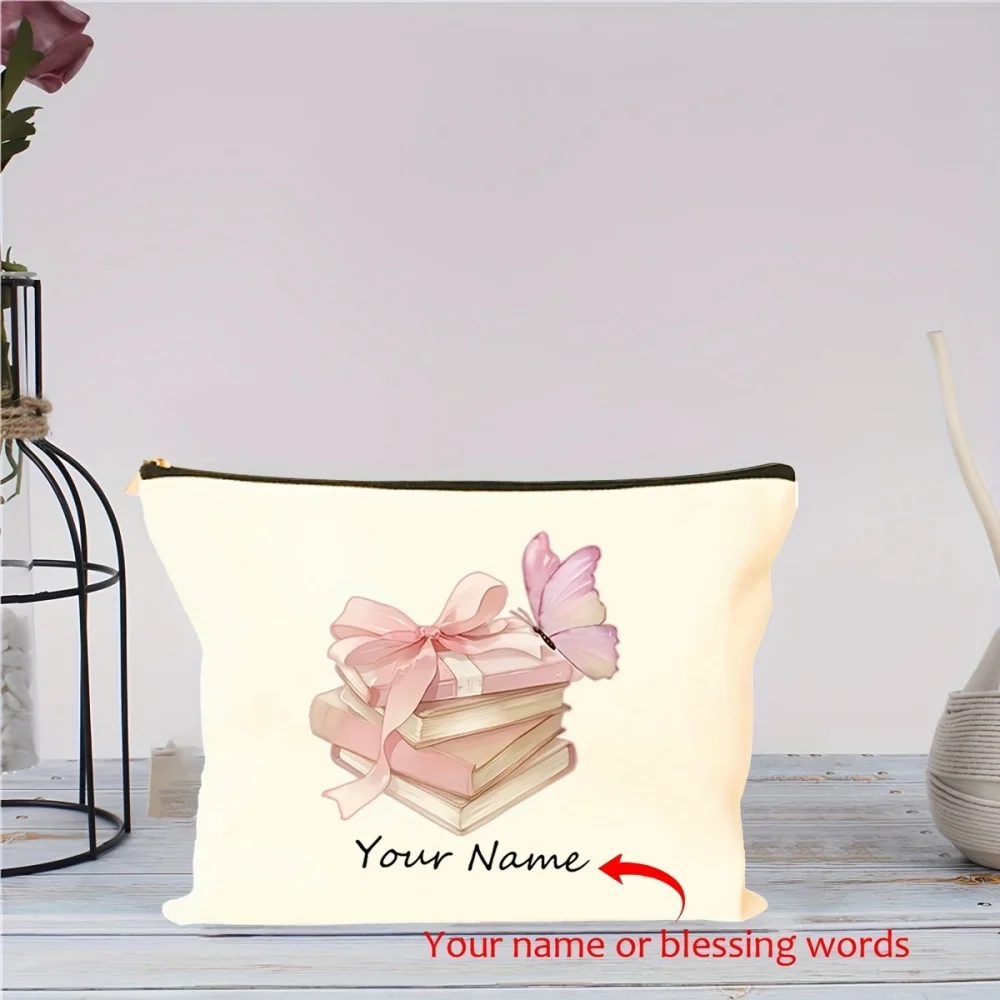 1Pc Custom Name/Text Butterfly Book Design Makeup Bag Double Sided Printed Cosmetic Pouch Travel Toiletry Organizer Storage Bag