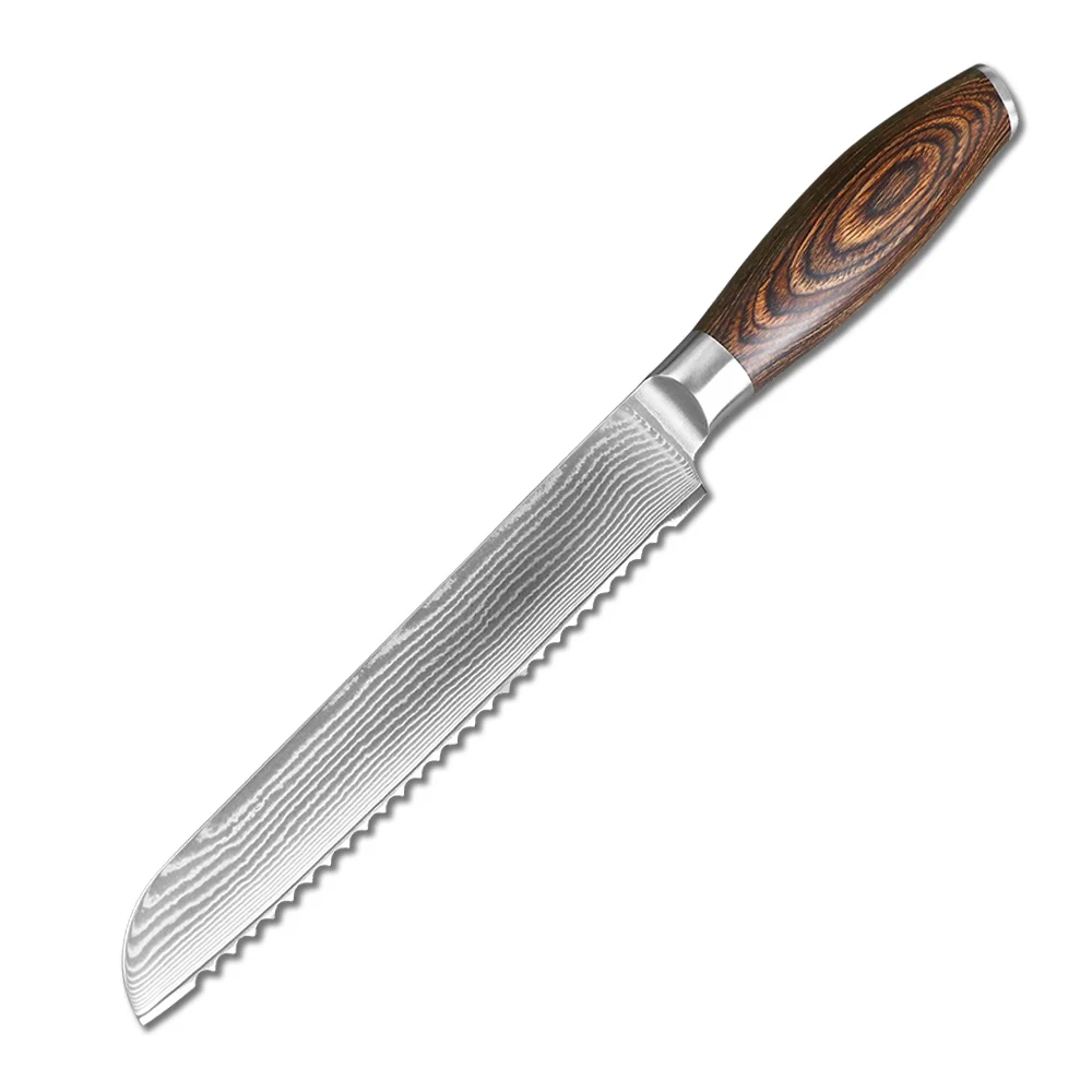 

JUMCSONG 7.7 Inch Bread Knife 10Cr15CoMoV Core 67 Layer Damascus Steel Japanese Kitchen Knife Chef Knife Pakka Wooden Handle