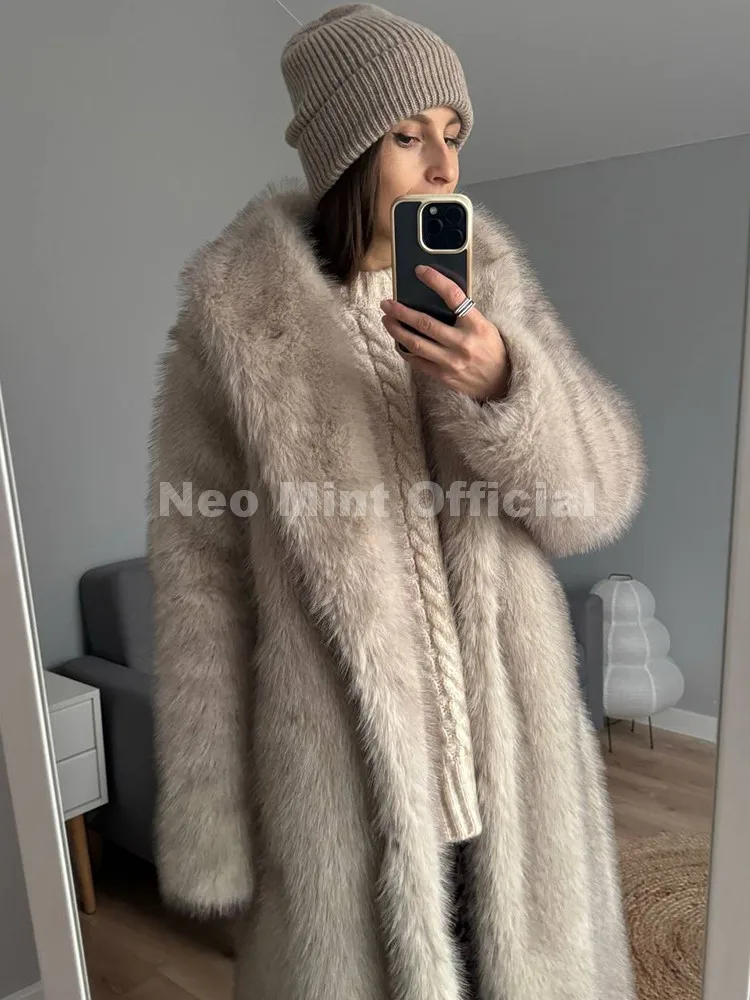 Neo Mint Long Faux Fur Coat Women 2025 Winter Fluffy Gradient Eco Fox Fur Jackets Luxury Mob Wife Aesthetic Furry Overcoats
