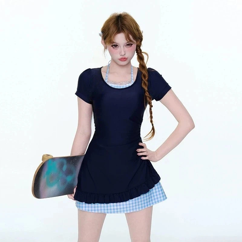 Harajuku Y2k Girls One-piece Swimsuit Women Kawaii Short-sleeved Slim-fit A-line Mini Beach Dresses Swimwear Cute Bathing Suit