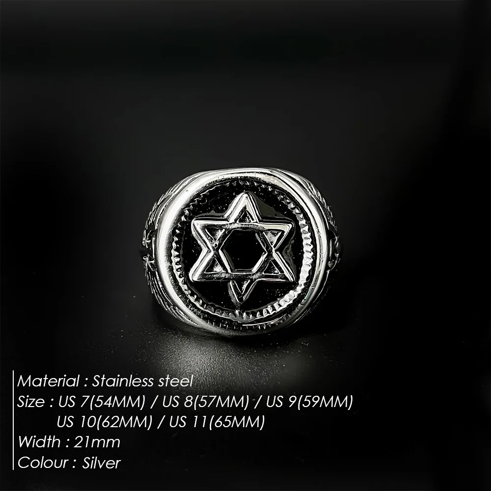 Vintage Star of David Ring for Men Stainless Steel Jewish Eagle Signet Ring Punk Black Enamel Biker Religious Jewelry Gift - view 3