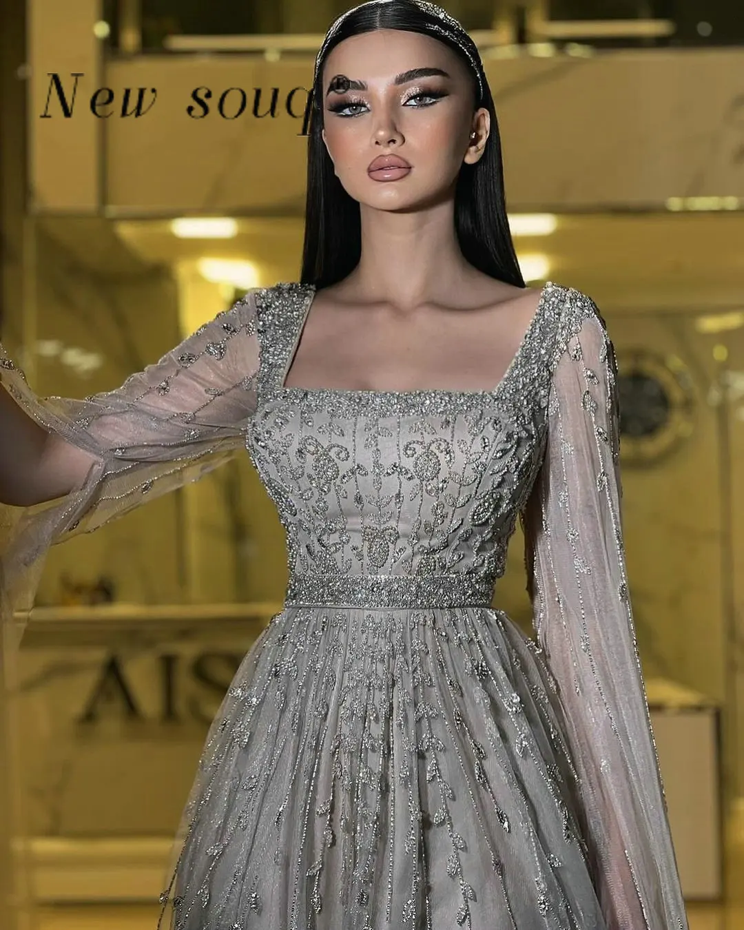 Saudi Arabic A Line Square Neck Evening Dresses with Cape Sleeves Glitter Sequin Beaded Formal Gowns Elegant for Women Party