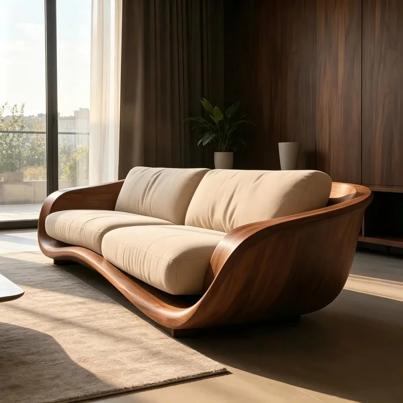 Living Room Villa Curved Closed Sofa Beige Soft Cloth Interior Wood Grain Fiberglass Frame 2 Seats Leisure Furniture