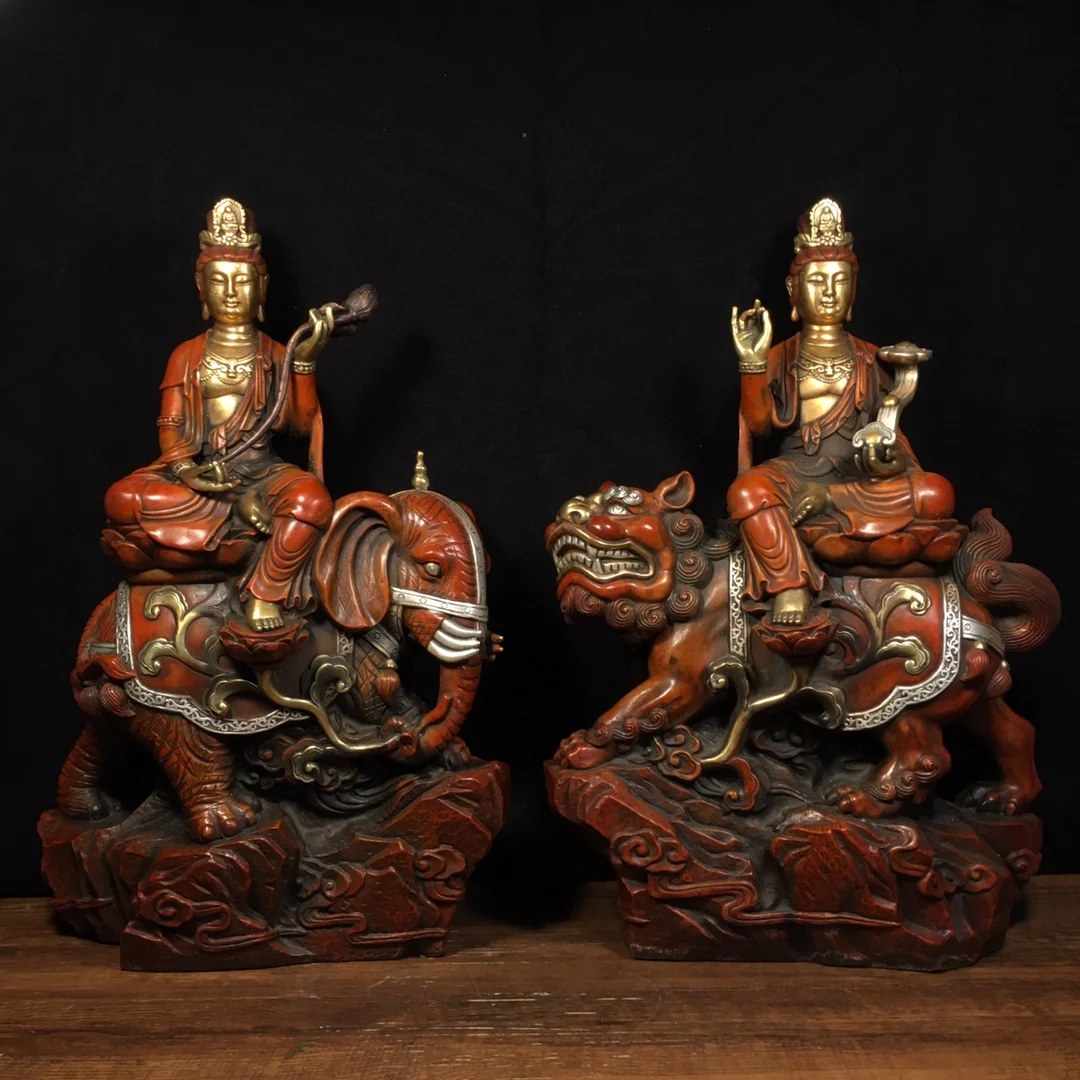 

15"Tibetan Temple Collection old Bronze Gilt real gold Manjushri Samantabhadra sit mythical beast set worship buddha Town house