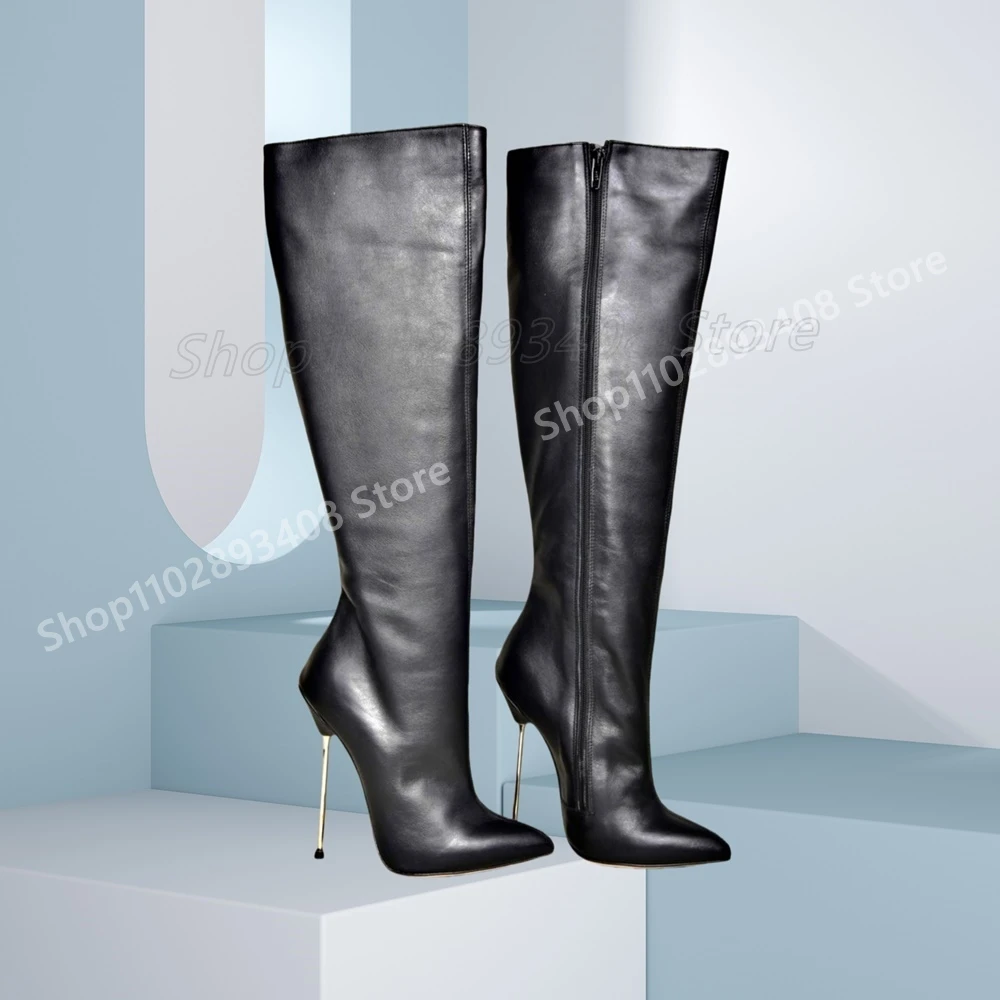 

Black Concise Matte Leather Mid Calf Boots 13cm Metal Stiletto High Heel Pointy Sexy Women Shoes 2025 Spring Zapatos Para Mujere