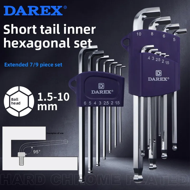 DAREX Metric Ball End Short Tail Hex Key Set 7/9 Piece Short Arm Extended Professional Grade for Mechanics