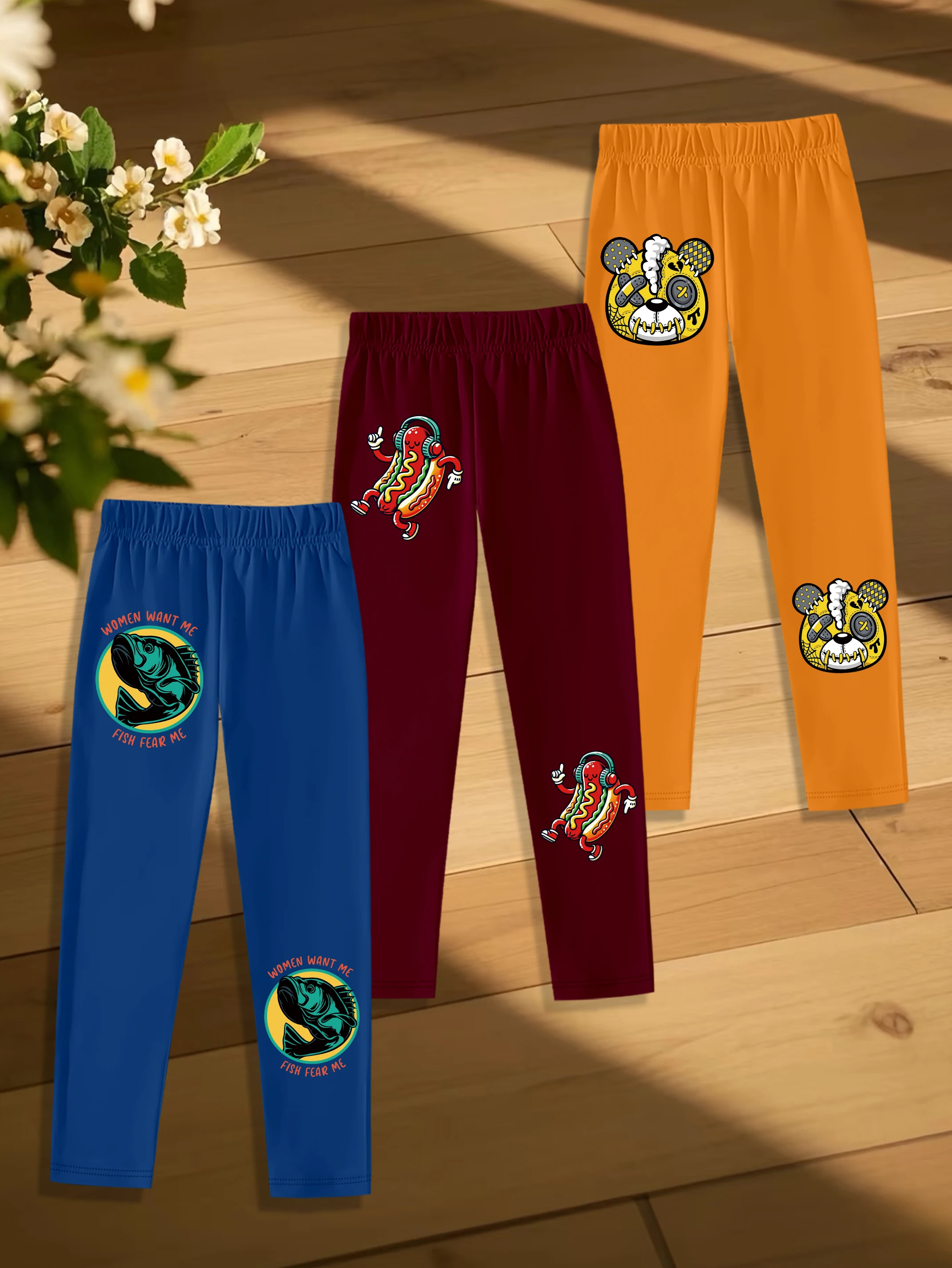 

3 шт.: Осенние повседневные леггинсы для мальчиков с принтами в виде хот-дога, медведя и рыбы