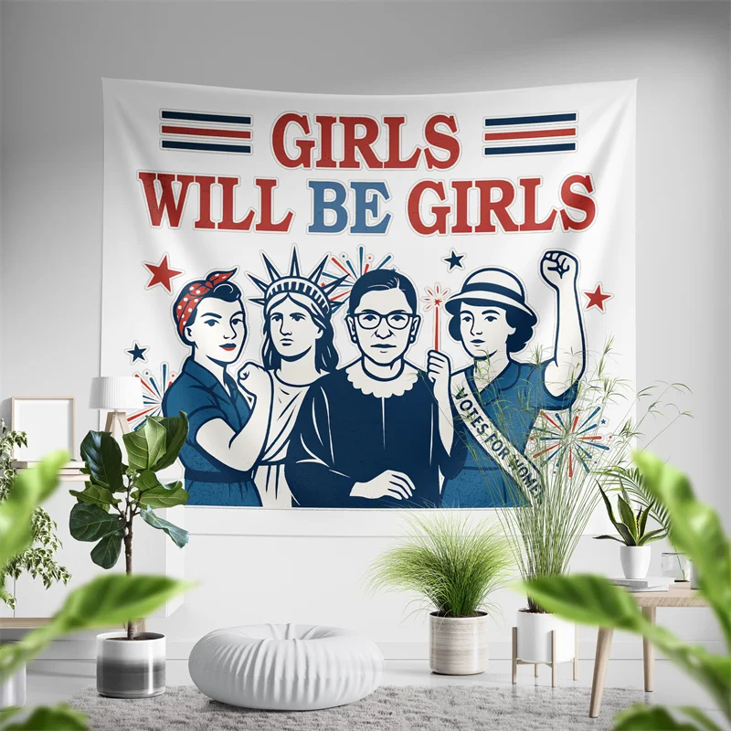 

Aertemisi Girls Will Be Girls Vintage Feminism Strong American Women Tapestry Wall Hanging Art for Bedroom Living Room College
