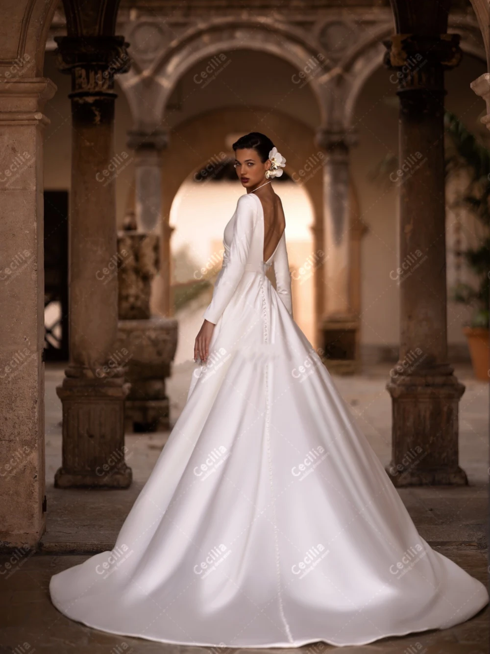 Robe de Mariée Trapèze en Satin à Manches sulfet Col en V pour Patients, Dos aux, pour ixFormelle, Éducative, Modeste, 2024