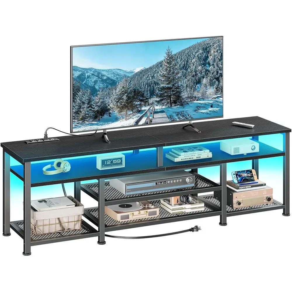 TV Stand with Power Outlets and LED Lights, 63 Inch Entertainment Center or 60 65 70 Inch TVs, Media ole Table with Open Shelves