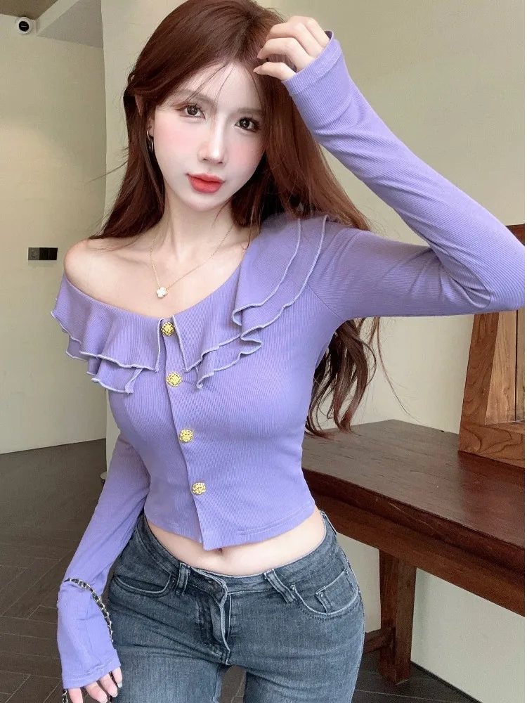 

Sweet Style Long Sleeve One Shoulder Shirt Women's Autumn Design Sense Golden Button Short Top Gentle Ruffle Hem V-neck Slim Fit