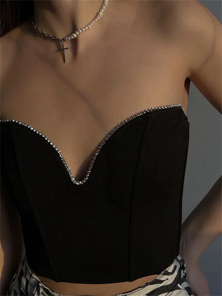 

CHRONSTYLE Diamonds Patchwork Women Tube Crop Top Corsets Tank Sexy Streetwear Party Strapless Off Shoulder Vest 2022 Summer Y2K