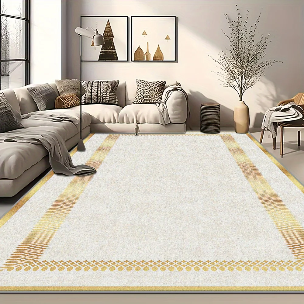 Modern White Gold Geometric Dot Border Area Rug Abstract Minimalist Living Room Bedroom Washable Floor Mat