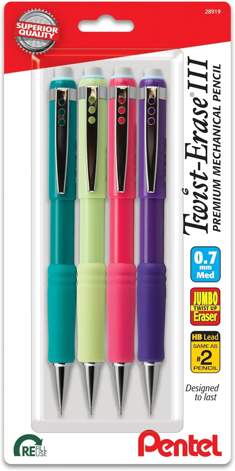 

Twist-Erase Mechanical Pencil, 0.7mm Medium Line, Assorted Color Barrels, Pack of 4 for Smooth Writing