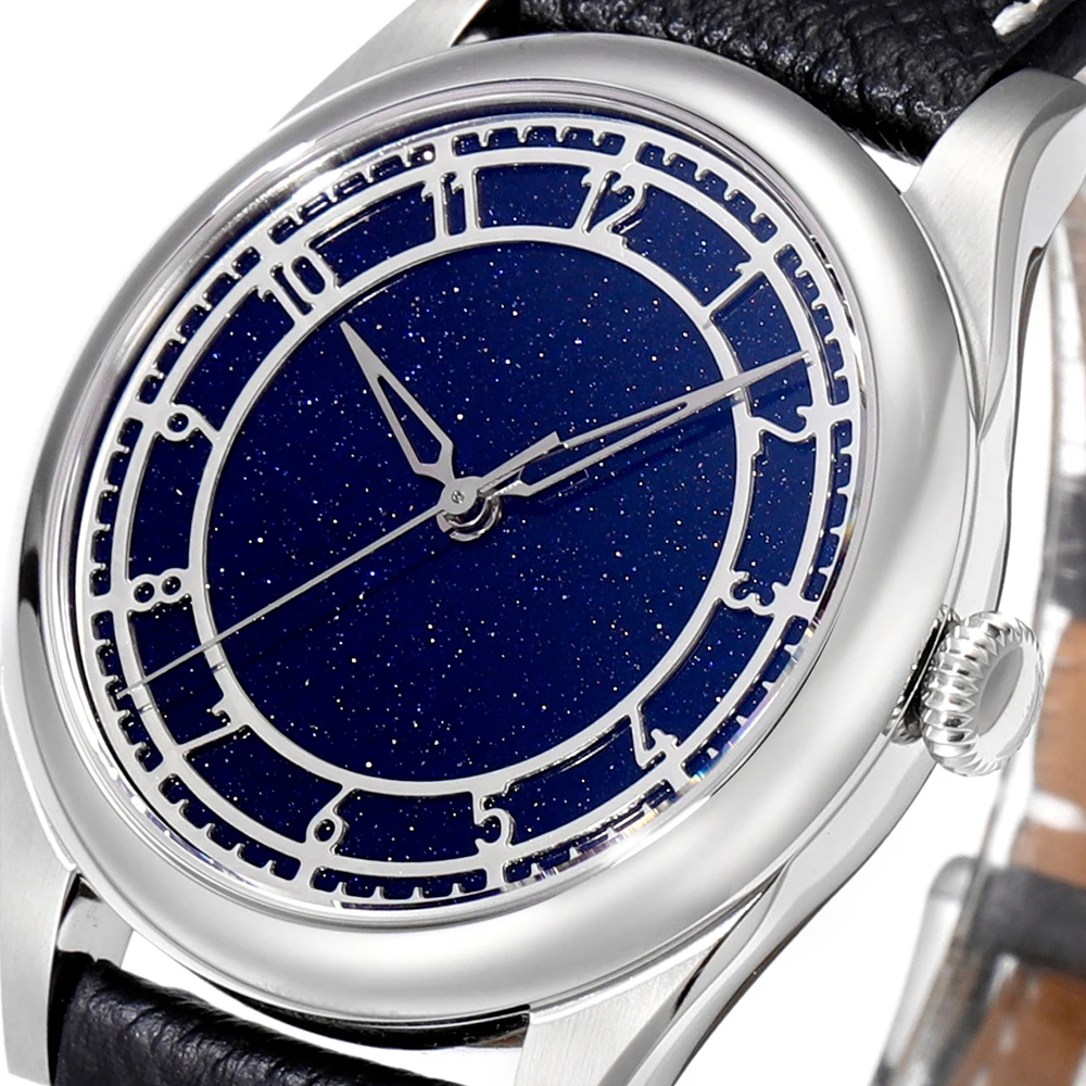 HUASUO 38mm 316L Stainless Steel Business Dress Men Watch Blue Aventurine Dail Aautomatic Mechanical SW200 Sapphire Crystal