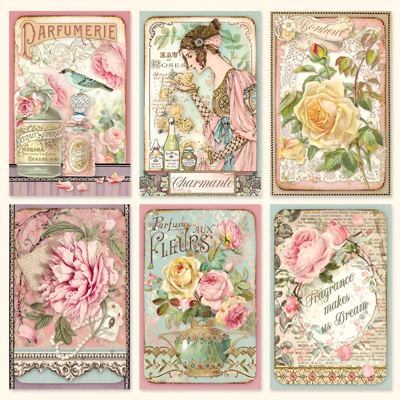 Retro Pink Rose Flower Stickers DIY Scrapbook Collage Stationery Deco Junk Journal Bottle Label Tag Photo Album Stickers