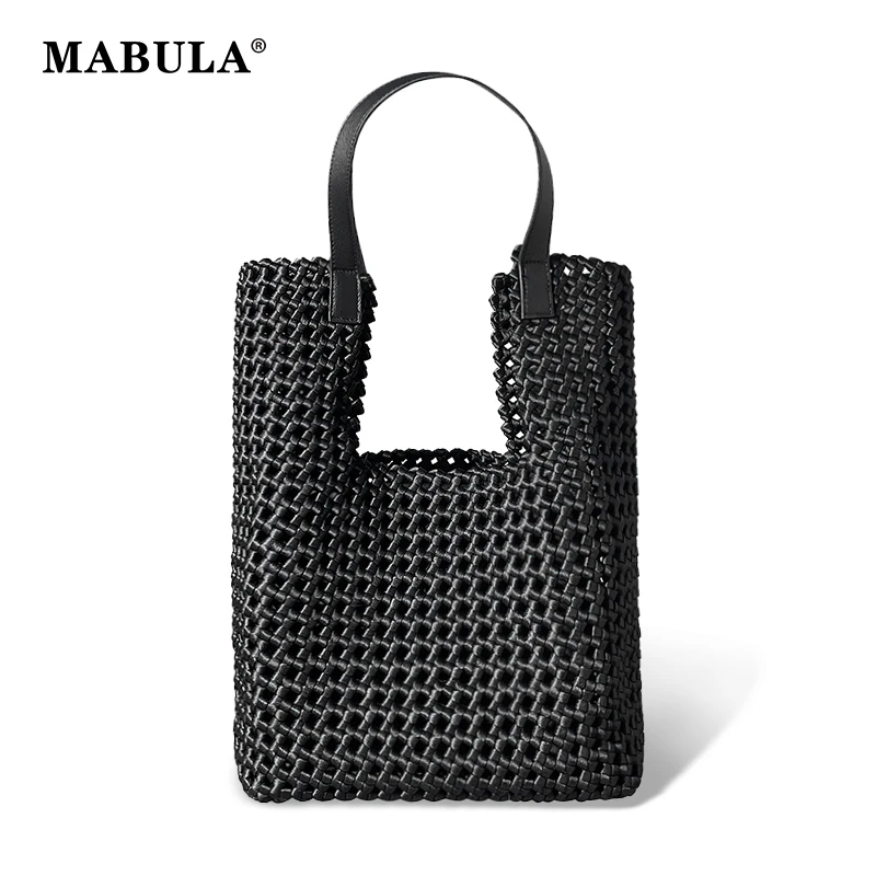 MABULA 2 Pcs Set Leather Woven Tote Bag for Women Hollow Out Design Plaited Female Handbag Shoulder Shopper Bag Clutch Purse