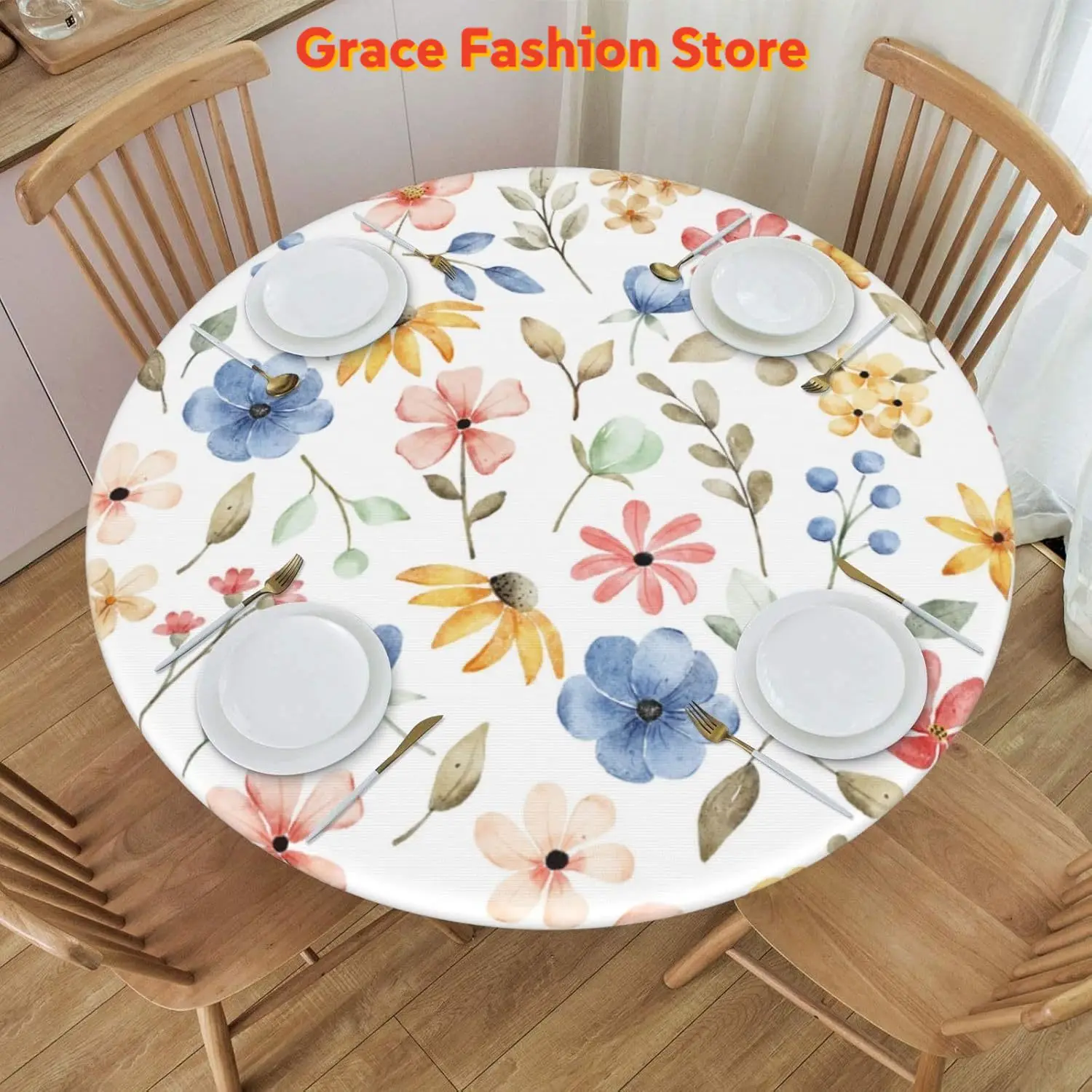 

Seamless Flowers Blue Pink Fitted Round Tablecloth Waterproof Table Cloth with Elastic Edge Wipe Clean Table Cover for Indoor