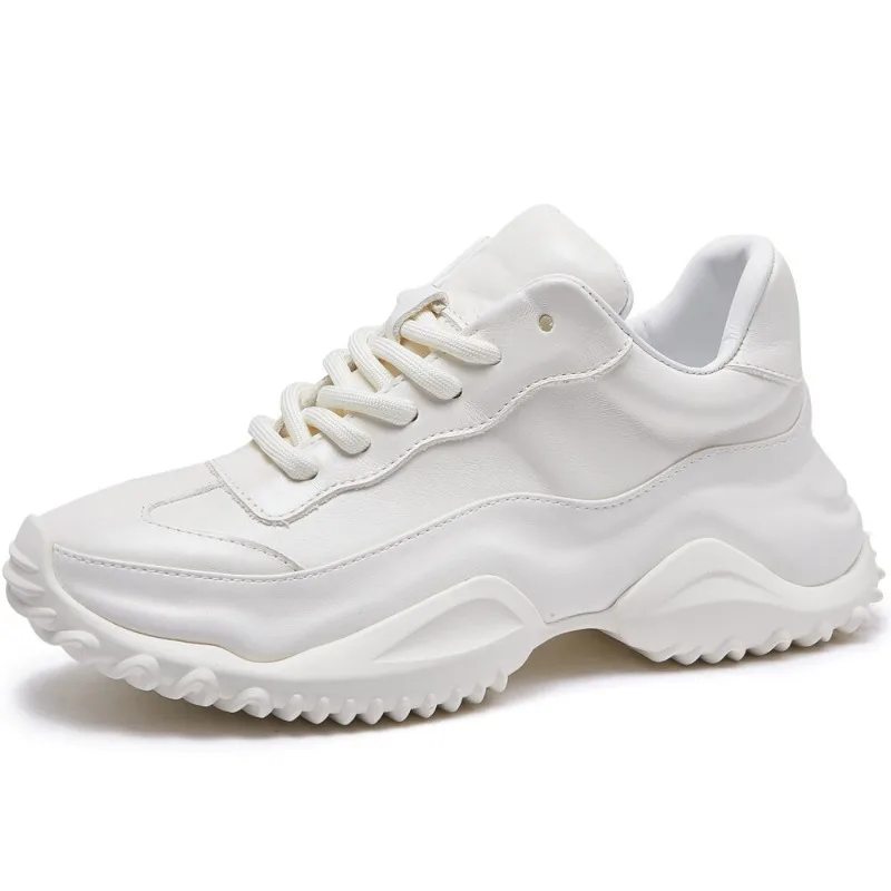 Japanese Horse Leather Daddy Shoes for Men's Spring/Autumn Height Increasing Casual Sports Shoes High-end Thick Sole White Shoes