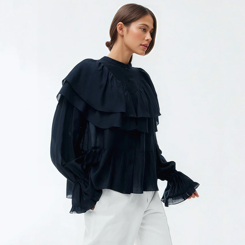 Linad Jesienna Vintage Bluzka z Falbankami Biała Koszula Street Chic Rozkloszowane Rękawy Zapinana na Guziki Elegancka Bluzka Damska z Stójką 2025