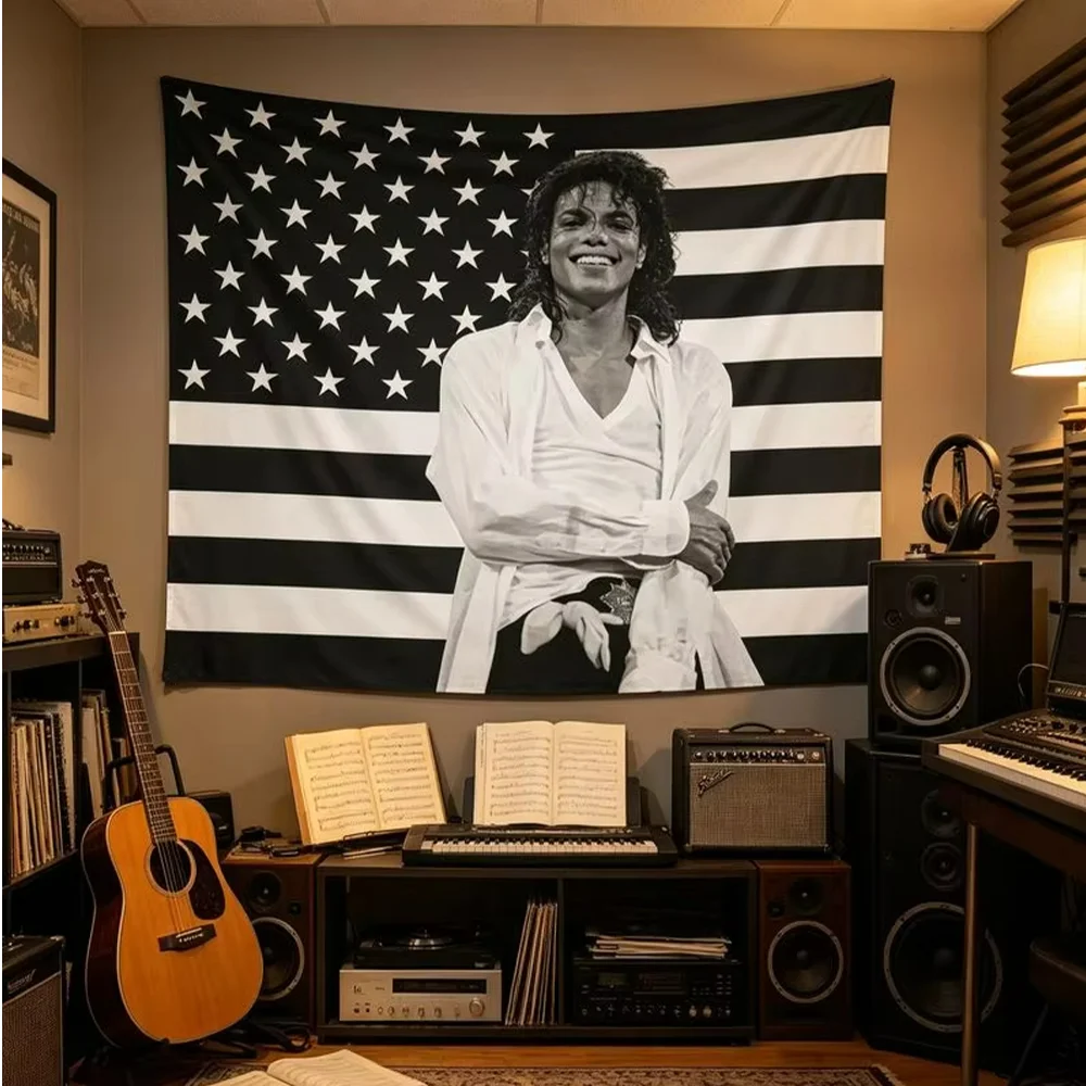 Michael Jackson American Flag Wall Tapestry Polyester Wall Hanging for Bedroom Dorm Music Room Retro Pop Star Home Decor