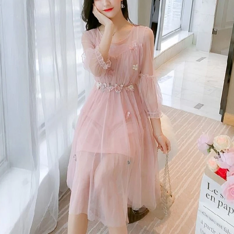 Gauze Long Sleeve Summer Fashion Chiffon Solid Color A-line Skirt Sweet Slender Refreshing Pure Cute Dress Women's Clothing 2022