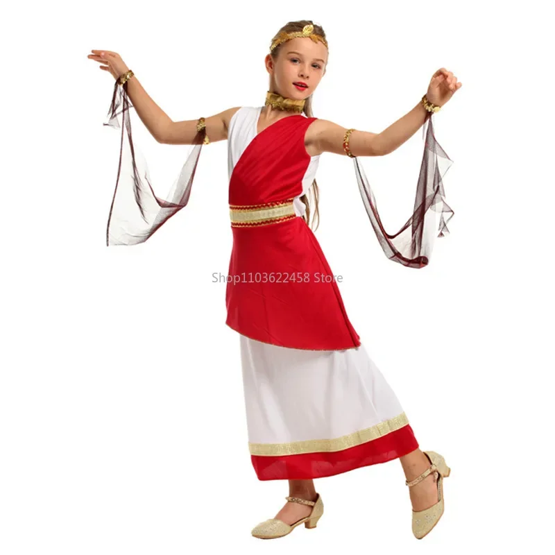 Kids Child Ancient Greek Goddess Costume Athena Cosplay Girls Roman Grecian Toga Dress Purim Halloween Book Week Party