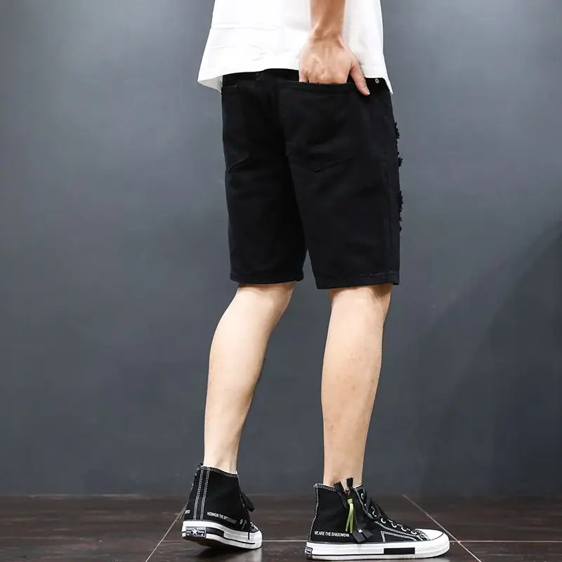 White Denim Shorts Men's Ripped Beggar Korean Style Trendy Black Loose Casual Five Quarter Pants Men's Pants Mid Pants