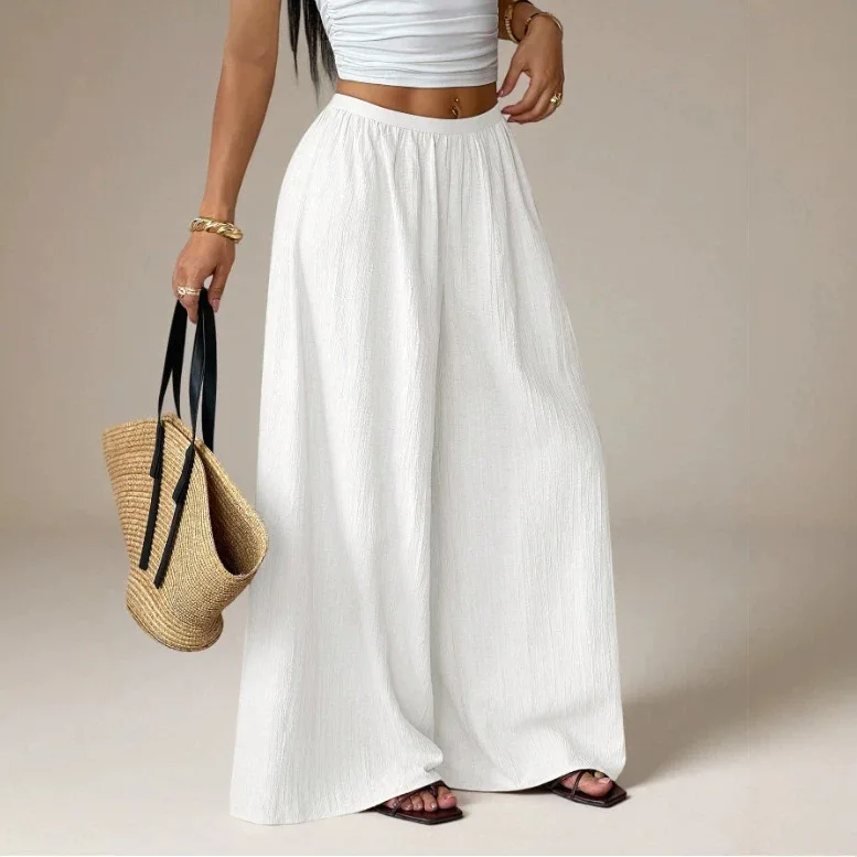 Streetwear Holiday Beach Jogger Women's Pants Casual Pleats Elastic Waistband Wide Leg Pants Summer Straight Long Pants