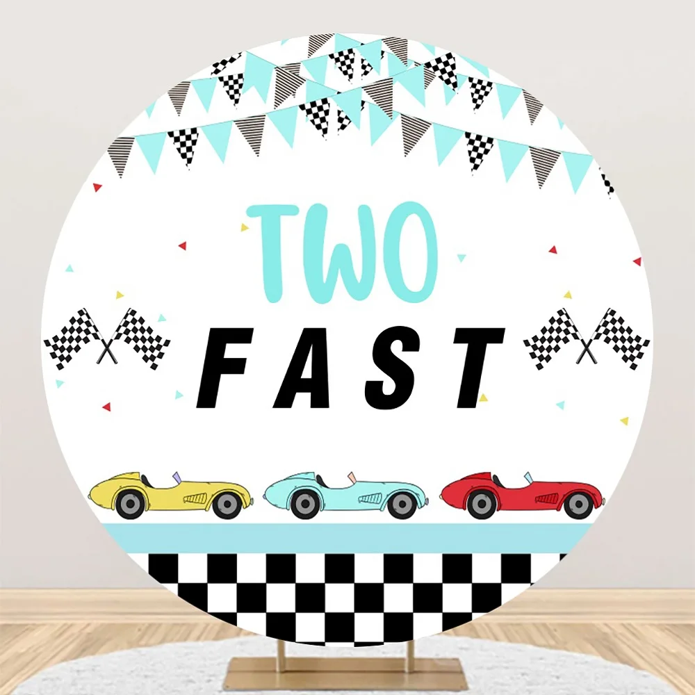 

Two Fast Birthday Backdrop Round Circle Background Cover Baby Boy 2nd Birthday Race Car Party Decorations Blue Photography Props