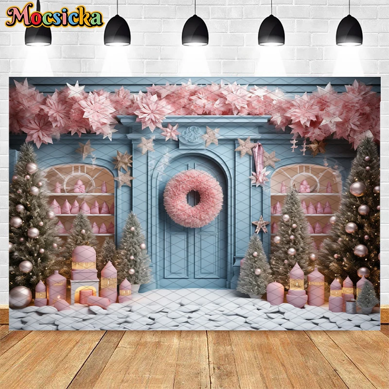 الغابات الحلو متجر عيد الميلاد الخلفيات الاطفال فتاة التصوير الدعائم الطفل الكبار الشتاء عيد الميلاد الوردي الثلجي مخزن الجبهة الخلفية