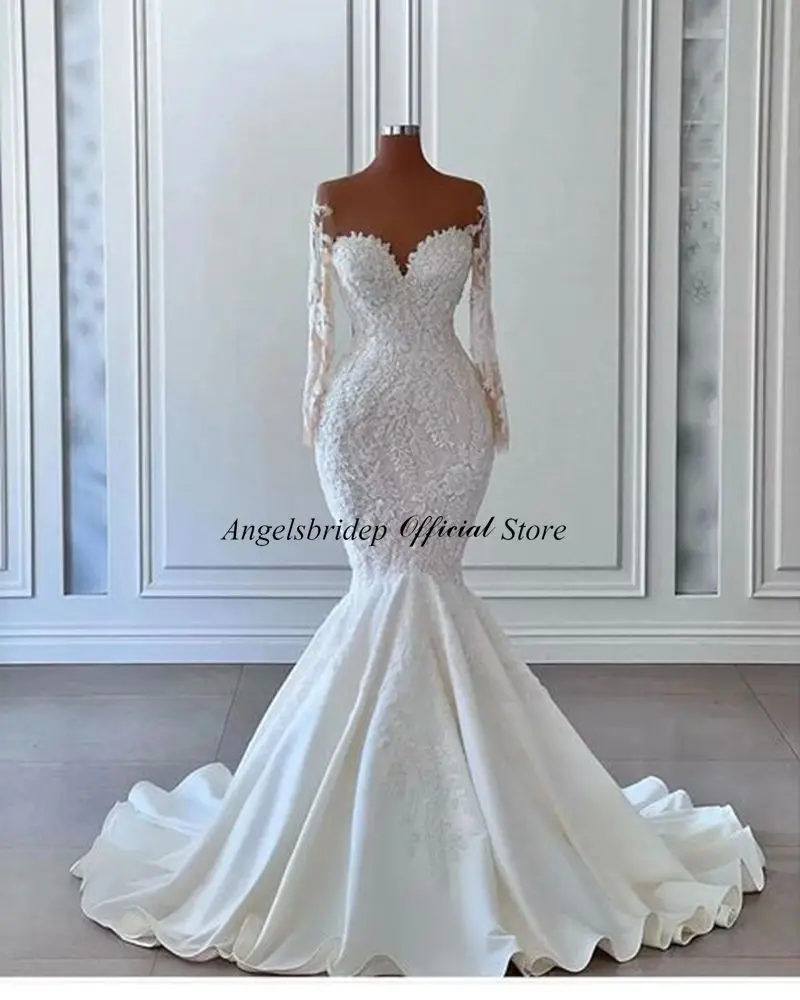 Angelsbridep Boho Memaid Áo Váy Ren Appliques Càn Quét Tàu Tay Áo Dài Cô Dâu Đồ Bầu Áo Dây De Mariée Vestidos De Novia